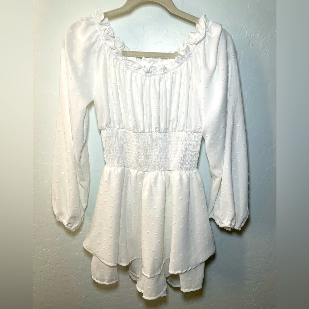 White Romper Dress with Long Sleeves, On- or Off-the-Shoulder Size Small